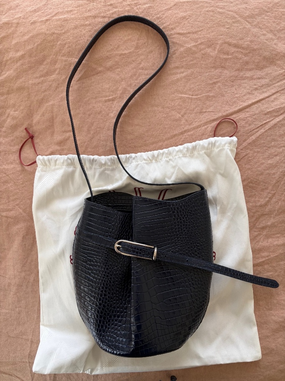 Liffner Leather Belted Bucket Bag in Navy Croc NEW and AUTHENTIC